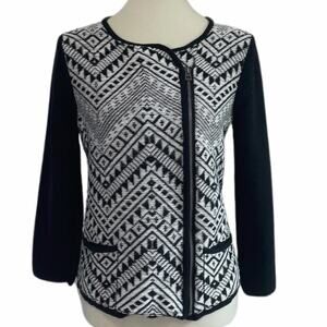 Lucky Brand Womens L Aztec Moto Sweater | Black & White Zip Knit Cardigan Jacket